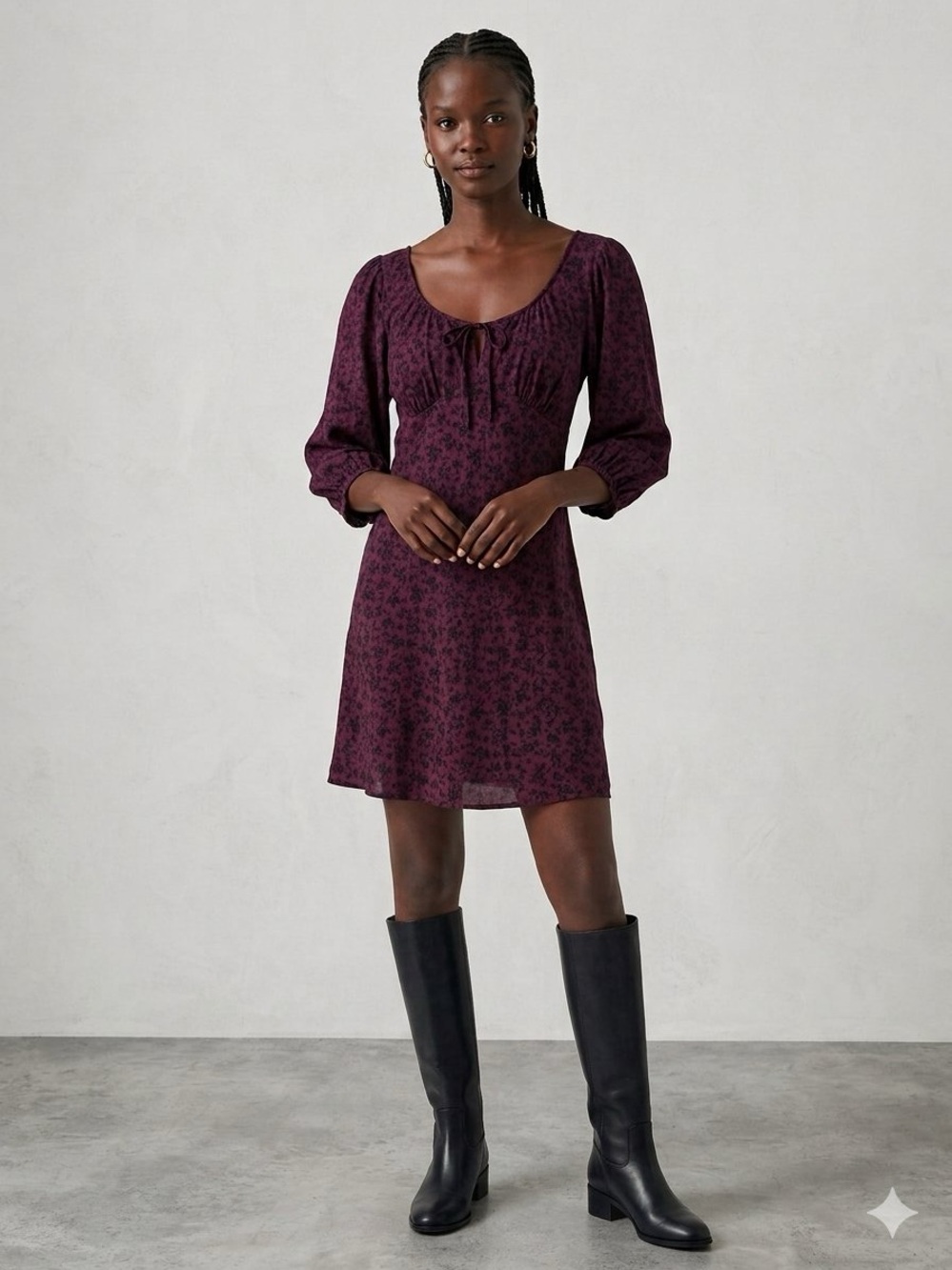 Levi's Wine Burgundy Floral Long-Sleeve Tie-Neck Mini Dress Boho Festival